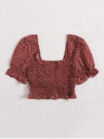 Drawstring Front Shirred Back Puff Sleeve Top