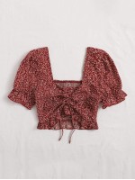 Drawstring Front Shirred Back Puff Sleeve Top