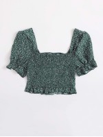 Drawstring Detail Ruffle Hem Puff Sleeve Crop Top