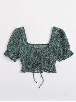 Drawstring Detail Ruffle Hem Puff Sleeve Crop Top