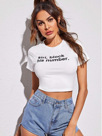 Raglan Sleeve Slogan Graphic Fitted Crop Tee