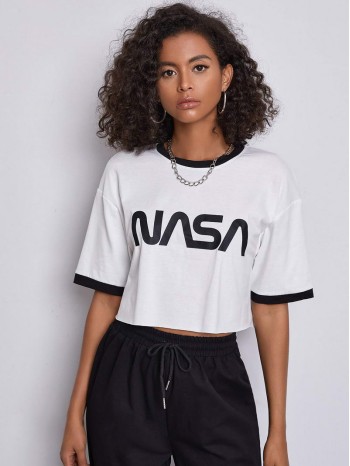 Letter Graphic Crop Ringer Tee