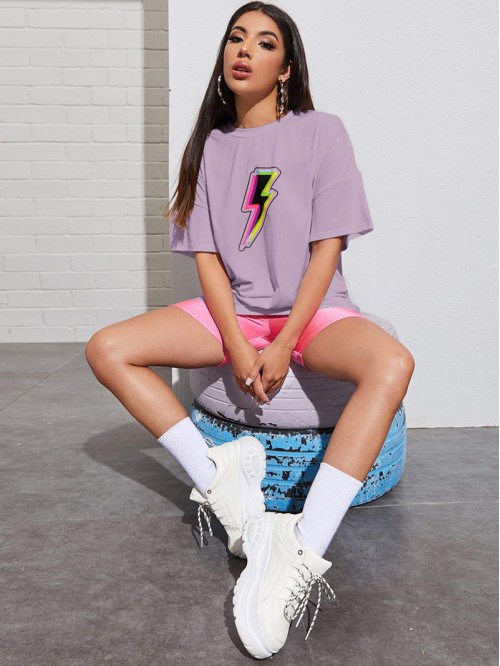 Drop Shoulder Lightning Print Longline Tee