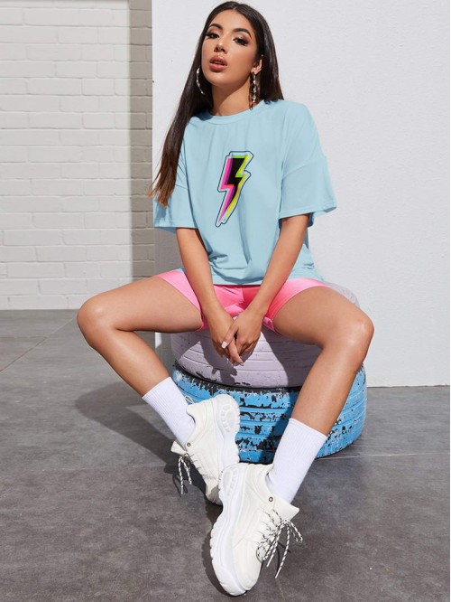 Drop Shoulder Lightning Print Longline Tee