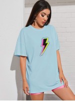 Drop Shoulder Lightning Print Longline Tee