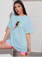 Drop Shoulder Lightning Print Longline Tee