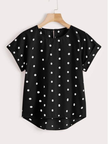 Rolled Sleeve Dip Hem Polka Dot Blouse