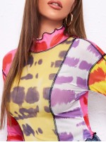 Lettuce Trim Stitch Detail Tie Dye Mesh Top