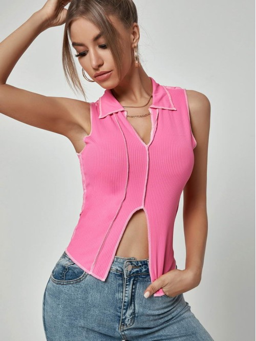 Split Hem Rib-knit Tank Top