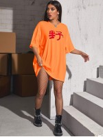 Letter Graphic Drop Shoulder Oversized Longline Tee