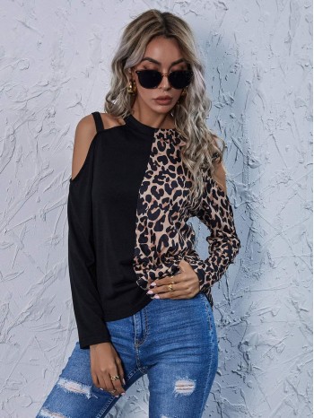 Cold Shoulder Leopard Colorblock Tee