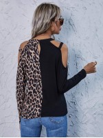 Cold Shoulder Leopard Colorblock Tee