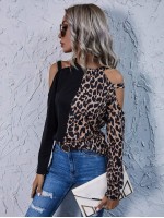 Cold Shoulder Leopard Colorblock Tee