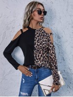 Cold Shoulder Leopard Colorblock Tee