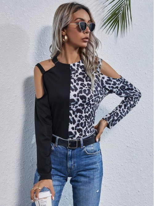 Cold Shoulder Leopard Colorblock Tee