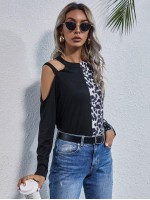 Cold Shoulder Leopard Colorblock Tee