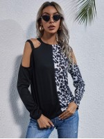 Cold Shoulder Leopard Colorblock Tee