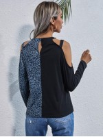 Cold Shoulder Leopard Colorblock Tee