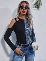 Cold Shoulder Leopard Colorblock Tee