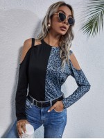 Cold Shoulder Leopard Colorblock Tee