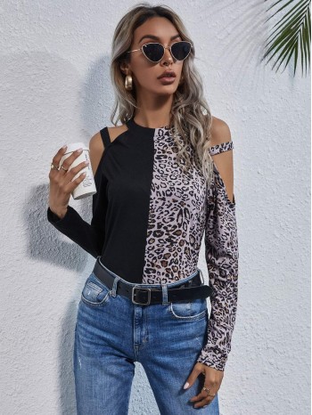 Cold Shoulder Leopard Colorblock Tee