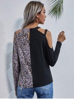 Cold Shoulder Leopard Colorblock Tee