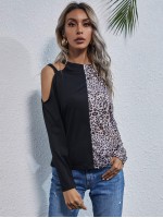 Cold Shoulder Leopard Colorblock Tee