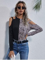 Cold Shoulder Leopard Colorblock Tee