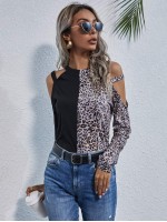 Cold Shoulder Leopard Colorblock Tee