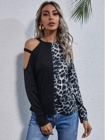 Cold Shoulder Leopard Colorblock Tee