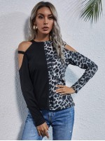 Cold Shoulder Leopard Colorblock Tee