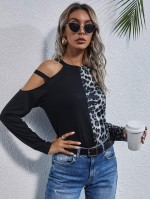 Cold Shoulder Leopard Colorblock Tee