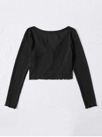 Button Front Lettuce Edge Waffle Knit Tee