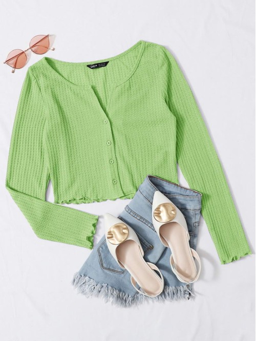 Button Front Lettuce Edge Waffle Knit Tee