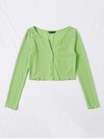 Button Front Lettuce Edge Waffle Knit Tee