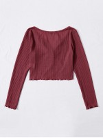 Button Front Lettuce Edge Waffle Knit Tee