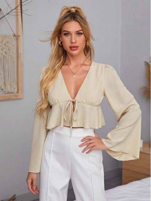 Tie Front Ruffle Hem Flounce Sleeve Blouse