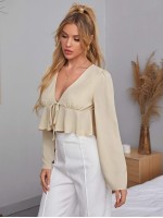 Tie Front Ruffle Hem Flounce Sleeve Blouse