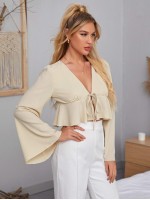 Tie Front Ruffle Hem Flounce Sleeve Blouse