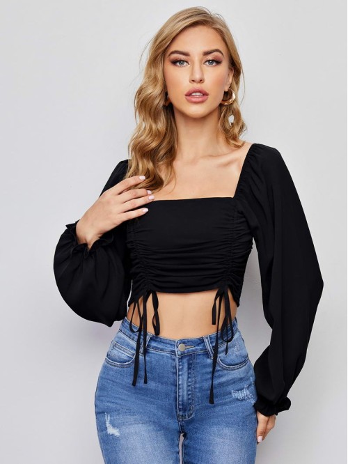 Ruched Drawstring Front Ruffle Cuff Crop Top