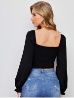 Ruched Drawstring Front Ruffle Cuff Crop Top