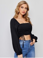 Ruched Drawstring Front Ruffle Cuff Crop Top