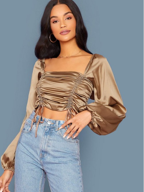 Drawstring Ruched Front Shirred Back Satin Top