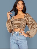 Drawstring Ruched Front Shirred Back Satin Top