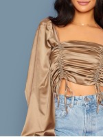 Drawstring Ruched Front Shirred Back Satin Top