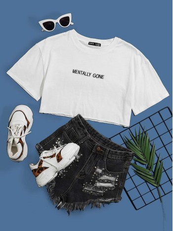 Letter Embroidered Crop Tee