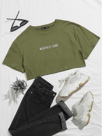 Letter Embroidered Crop Tee