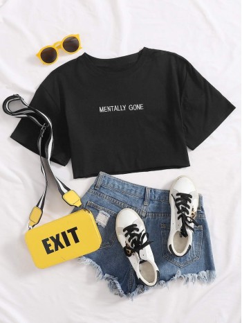 Letter Embroidered Crop Tee