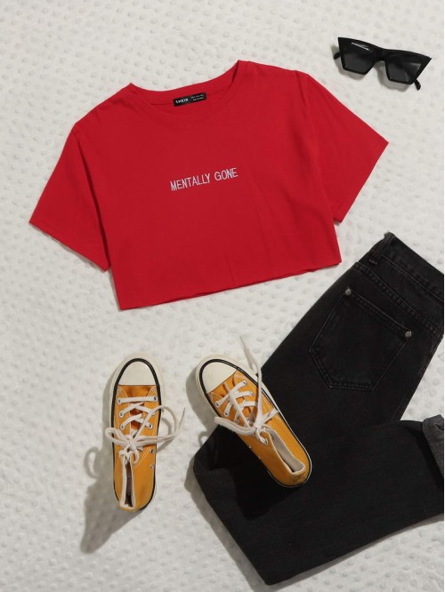 Letter Embroidered Crop Tee