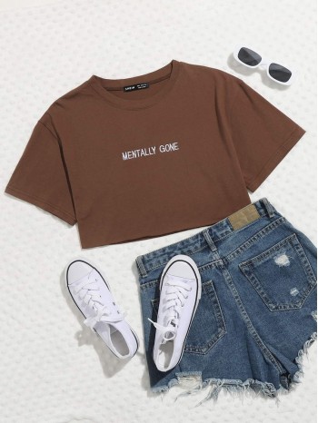 Letter Embroidered Crop Tee